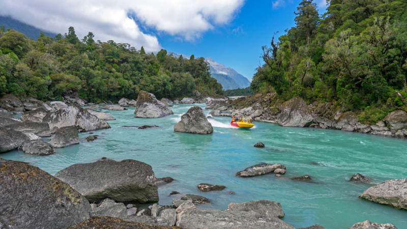 Discover Te-Wahipounamu on New Zealand’s rugged and breath-taking West Coast, with a world first Ocean to Alps Jet Boat tour!